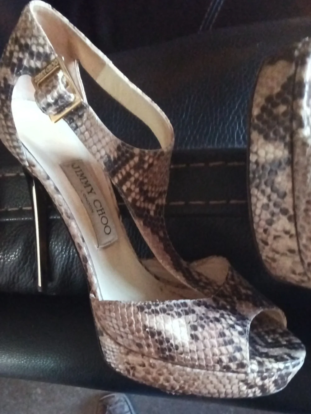 Jimmy Choo Snake-Print Peep-Toe Platform Sandals in Brown and Cream